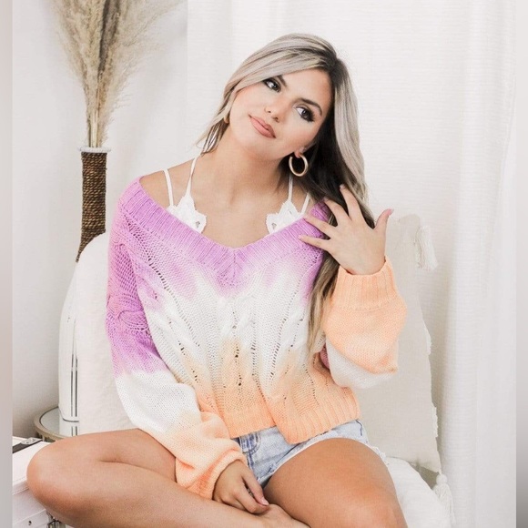 Lilac Orange Colorful Off the Shoulder Cable Knit Sweater - Picture 4 of 6